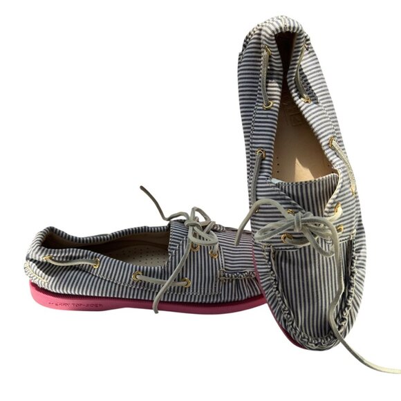 j. crew Sperry Topsider blue white engineer stripe non marking pink soles shoes - Picture 8 of 8
